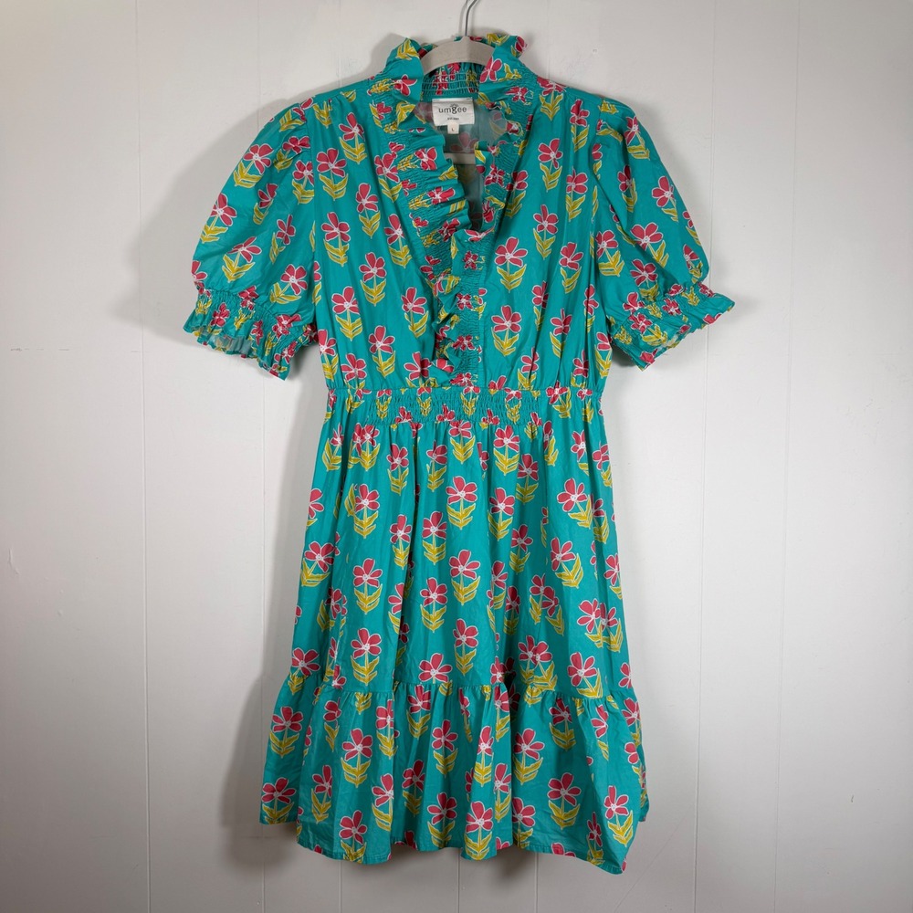 Umgee Ruffle Babydoll Dress Size Large Teal Pink Floral Smocked Puff Sleeve